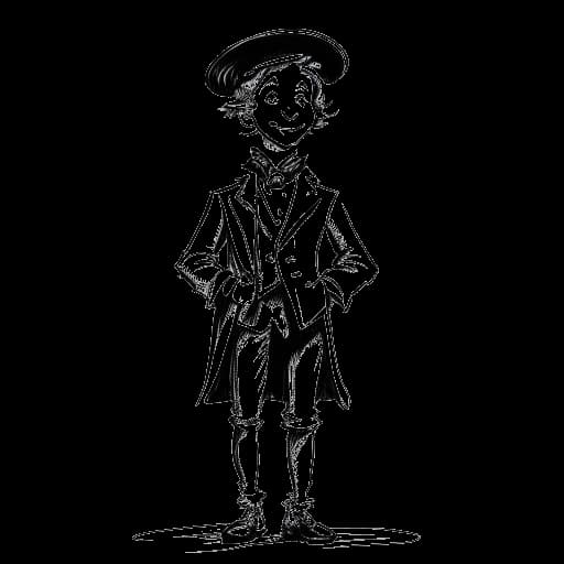 Line art drawing of a boy, representing Jonah Beres, as a young actor on stage embodying a Dickens character with a confident smile, set against a white backdrop