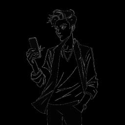 Line art illustration of a young man, representing Jonah Beres, dressed in avant-garde clothing, interacting with social media on a phone, with a subtle Peter Pan shadow, set against a white backdrop
