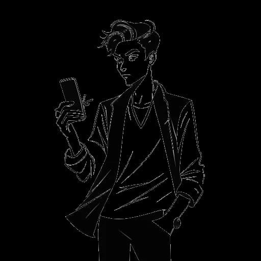 Line art illustration of a young man, representing Jonah Beres, dressed in avant-garde clothing, interacting with social media on a phone, with a subtle Peter Pan shadow, set against a white backdrop