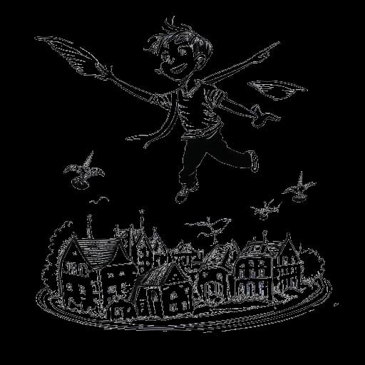 Line art drawing of Jonah Beres as Peter Pan in his first community theater performance