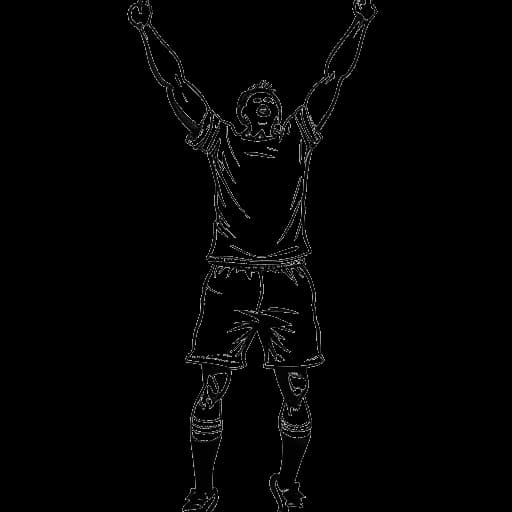 Line art drawing of a man, representing Ante Čović, in an athletic pose celebrating a soccer match victory against a white backdrop.