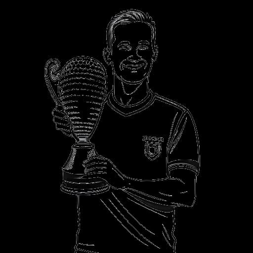 Line art drawing of a man in soccer gear, representing Ante Čović, holding a trophy, with the Newcastle Jets logo and the year '2007' in the background