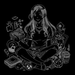 Strichzeichnung einer Frau, die AnniTheDuck darstellt, mit langen Haaren, gekleidet in ein Cosplay-Outfit, einen Gaming-Controller haltend. Sie ist umgeben von Conventions-Symbolen und Merchandise, die ihre Einkommensquellen symbolisieren. Alles auf einem weißen Hintergrund.