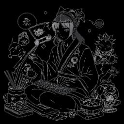 Strichzeichnung einer Frau, die AnniTheDuck darstellt, gekleidet in ein japanisch inspiriertes Cosplay-Outfit. Sie interagiert mit ihrem Publikum durch Streaming und das Erstellen von YouTube-Videos, umgeben von Gaming- und Cosplay-Symbolen, die ihre Einkommensquellen symbolisieren. Alles auf einem weißen Hintergrund.