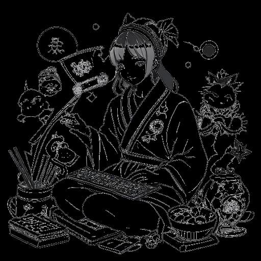 Strichzeichnung einer Frau, die AnniTheDuck darstellt, gekleidet in ein japanisch inspiriertes Cosplay-Outfit. Sie interagiert mit ihrem Publikum durch Streaming und das Erstellen von YouTube-Videos, umgeben von Gaming- und Cosplay-Symbolen, die ihre Einkommensquellen symbolisieren. Alles auf einem weißen Hintergrund.