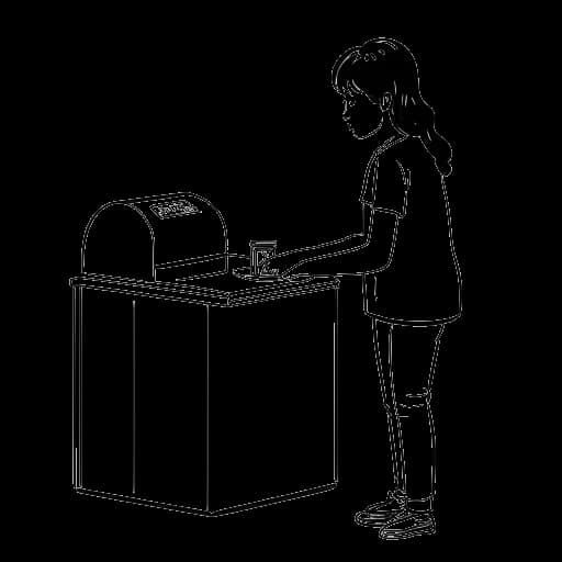 Strichzeichnung einer Frau, die AnniTheDuck zeigt, wie sie eine japanische Toilette für ihr neues Zuhause kauft