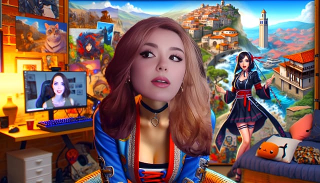 AnniTheDuck, a vibrant content creator with fair skin and a slim figure, looking confidently into the camera with a playful smile. She is dressed in a stylish cosplay outfit, surrounded by a colorful background that represents her diverse cultural background and love for Japanese culture. The setting seamlessly combines her gaming setup, creative workspace, and a touch of Portuguese scenery. This captivating thumbnail image showcases AnniTheDuck's energetic personality and passion for content creation.