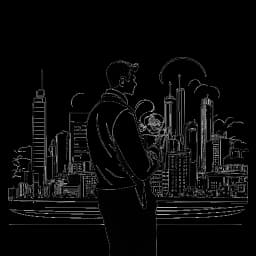 Kunstzinnige tekening van een man, Tee Grizzley voorstellend, met een bedachtzame uitdrukking voor een stadsgezicht. Muzieknoten en een filmblik zijn met elkaar verweven, waarbij zijn invloed in muziek en film wordt benadrukt.