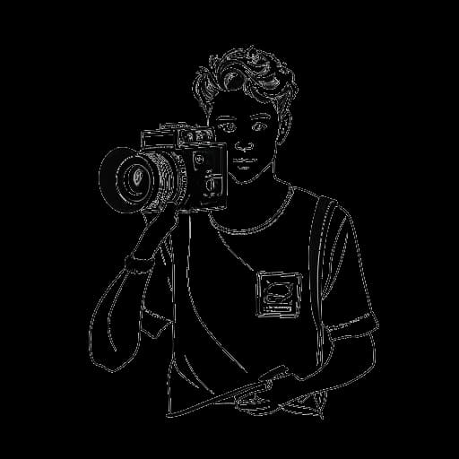 Strichzeichnung eines Mannes, der Simon Desue darstellt, der eine Videokamera hält, umgeben von Kalenderseiten