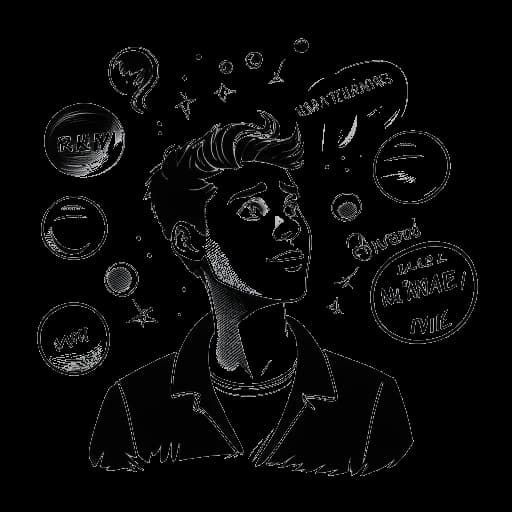 Strichzeichnung eines Mannes, der Simon Desue darstellt, mit einem Scheinwerfer, umgeben von Sprechblasen für Leon Machère und MiiMii