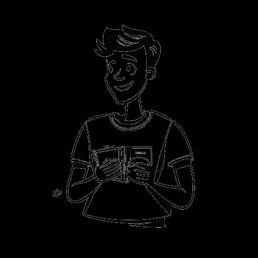 Strichzeichnung eines Mannes, der Simon Desue darstellt, der einen Geldstapel hält, mit einer Sprechblase 'Darknet'