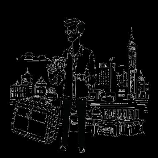 Strichzeichnung eines Mannes, der Simon Desue darstellt, der einen Koffer hält, mit Sprechblasen für 'Köln', 'Miami', 'Hamburg' und 'Dubai'