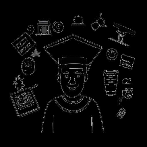 Strichzeichnung eines Mannes, der Simon Desue darstellt, der eine Abschlusskappe mit 'Instagram University' hält, vor einem Computerbildschirm mit Symbolen für soziale Medien