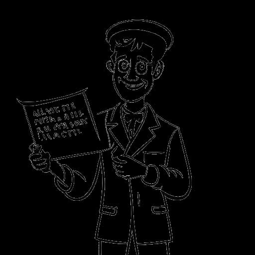 Strichzeichnung eines Mannes, der Simon Desue darstellt, im Filmkostüm, der das Drehbuch für Kartoffelsalat – Nicht fragen! hält