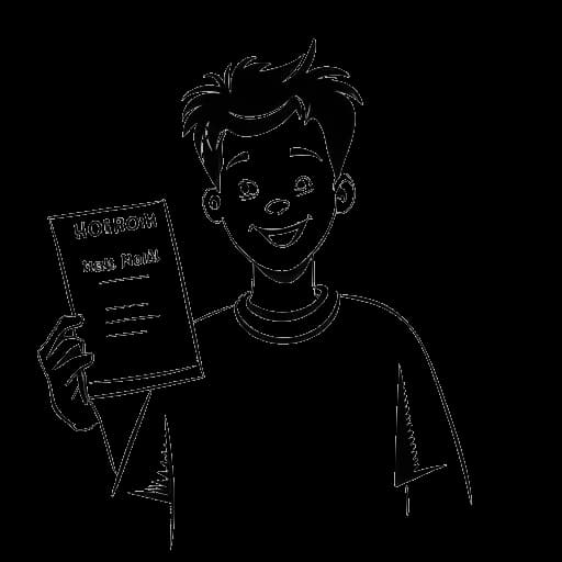 Strichzeichnung eines Mannes, der Simon Desue darstellt, der ein Zertifikat in der Hand hält, mit einer Sprechblase, in der steht 'Kein Abitur'