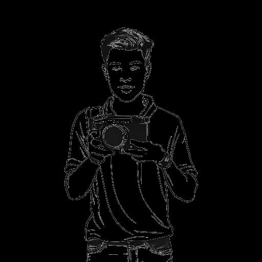 Strichzeichnung eines Mannes, der Simon Desue darstellt, der eine Videokamera hält, gestützt von einem Taschenmesser