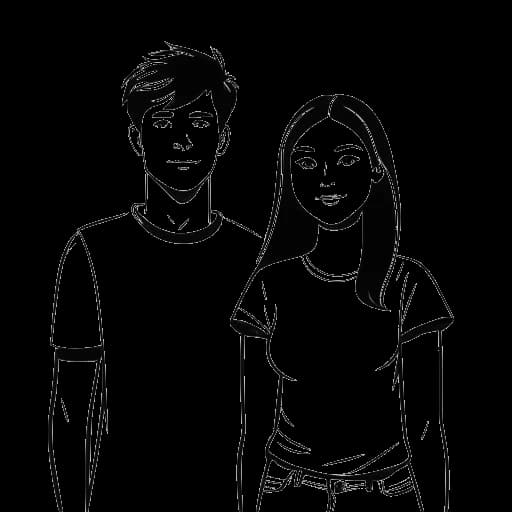 Strichzeichnung eines Mannes und einer Frau, die Simon Desue und Natalia Osada darstellen, vor dem Logo von Promi Big Brother