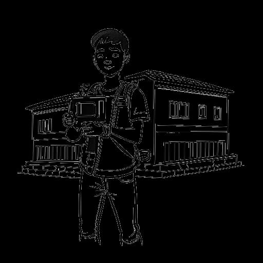 Strichzeichnung eines schüchternen Teenagers, der Simon Desue darstellt, der eine Videokamera hält, vor einer Unternehmensschule