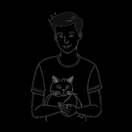 Strichzeichnung eines Mannes, der Simon Desue darstellt, der eine Katze hält, mit einem YouTube-Play-Button-Abzeichen