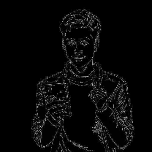 Strichzeichnung eines Mannes, der Simon Desue darstellt, der ein Smartphone hält, mit einem Fernsehbildschirm, auf dem die Logos von ZDF und Spiegel TV zu sehen sind