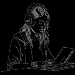 Line art drawing of a teenage girl, representing Ice Spice, with headphones on, writing in a notebook, hinting at her beginnings in music with a microphone and music studio equipment in the backdrop.