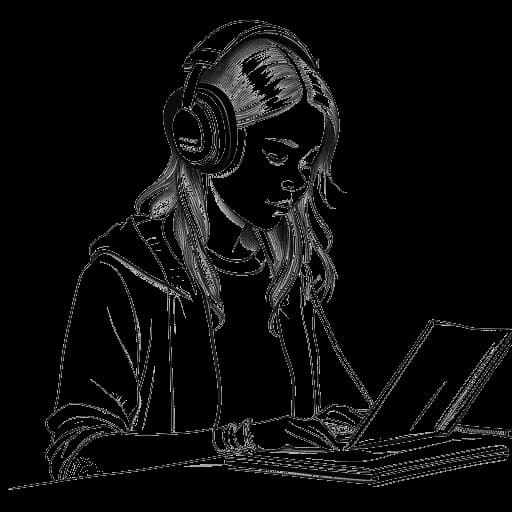 Line art drawing of a teenage girl, representing Ice Spice, with headphones on, writing in a notebook, hinting at her beginnings in music with a microphone and music studio equipment in the backdrop.