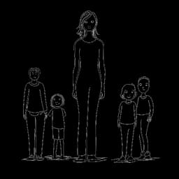 Line art of a woman, symbolizing Ice Spice, standing with poise, with an illustration of a supportive family behind her, showing her foundation in familial support and her principles.