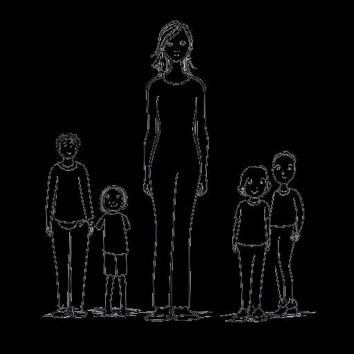 Line art of a woman, symbolizing Ice Spice, standing with poise, with an illustration of a supportive family behind her, showing her foundation in familial support and her principles.