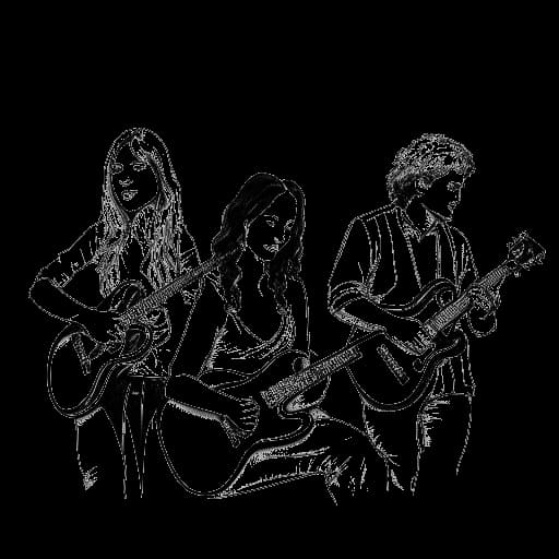 Desenho em arte linear de uma jovem mulher, representando Ice Spice, junto de mais três músicos