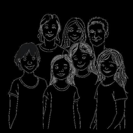 Desenho em arte linear de uma garota, representando Ice Spice, cercada por membros de sua família