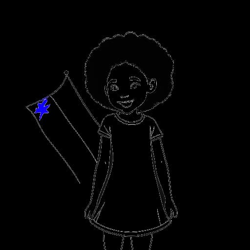 Desenho em arte linear de uma garota, representando Ice Spice, segurando uma bandeira dominicana e nigeriana