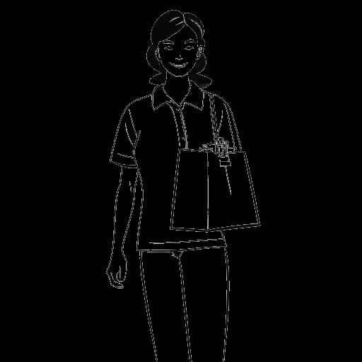 Desenho em arte linear de uma jovem mulher, representando Ice Spice, usando um uniforme do Wendy's e segurando uma sacola de compras do The Gap