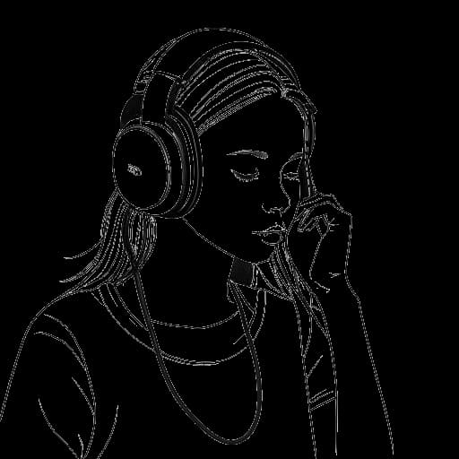 Desenho em arte linear de uma garota, representando Ice Spice, ouvindo música com fones de ouvido