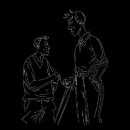 Dessin en noir et blanc d'un homme, représentant Apollo Legend (Benjamin Smith), avec son loyal ami, Sallow Dawn, défendant son héritage contre les accusations collectives d'intimidation. Le dessin est réalisé en noir et blanc, sur un fond blanc.