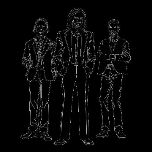 Dessin en noir et blanc d'un homme, représentant Apollo Legend (Benjamin Smith), se tenant entre TwinGalaxies et les tricheurs disgraciés, Todd Rogers et Billy Mitchell. Ses actions ont conduit à la suppression de leurs records et à leur bannissement permanent. Le dessin est réalisé en noir et blanc, sur un fond blanc.