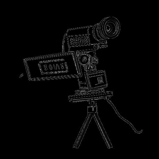 Desenho de arte em linha de uma câmera de vídeo com um claquete exibindo o título 'Ele Expose um Speedrunner Trapaceiro...'.