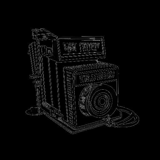 Desenho de arte em linha de uma câmera de vídeo com um claquete exibindo o título 'Quando Tourhey Chega à Cidade'.