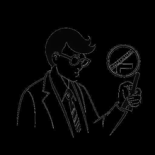 Desenho de arte em linha de uma pessoa segurando uma lupa sobre um gráfico exibindo dados financeiros.