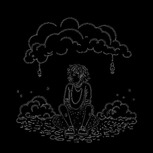 Desenho de arte em linha de uma pessoa sentada com a cabeça nas mãos, cercada por nuvens com gotas de chuva.