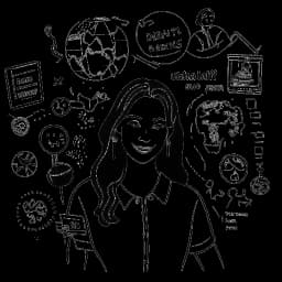 Dibujo lineal de Miriam Bryant con un globo de texto que dice 'Datos Curiosos'. La imagen muestra representaciones visuales de sus datos curiosos, incluyendo una guitarra, un mapa mundial, una araña, un logo de 'Game of Thrones' y un logo de H&M. La imagen está en blanco y negro sobre un fondo blanco.