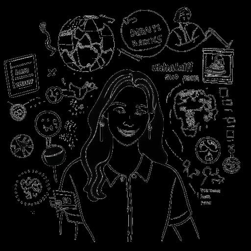 Dibujo lineal de Miriam Bryant con un globo de texto que dice 'Datos Curiosos'. La imagen muestra representaciones visuales de sus datos curiosos, incluyendo una guitarra, un mapa mundial, una araña, un logo de 'Game of Thrones' y un logo de H&M. La imagen está en blanco y negro sobre un fondo blanco.