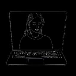 Dibujo lineal de una página de perfil de MySpace que representa a Miriam Bryant, con el logo de MySpace en una pantalla de computadora portátil. El perfil muestra un número considerable de seguidores, lo que indica su creciente popularidad. La imagen está en blanco y negro sobre un fondo blanco.