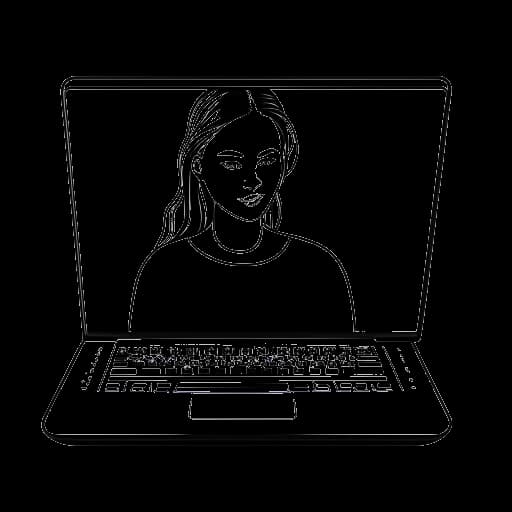 Dibujo lineal de una página de perfil de MySpace que representa a Miriam Bryant, con el logo de MySpace en una pantalla de computadora portátil. El perfil muestra un número considerable de seguidores, lo que indica su creciente popularidad. La imagen está en blanco y negro sobre un fondo blanco.