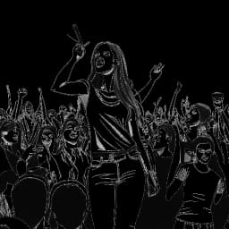 Dibujo lineal de Miriam Bryant actuando en el escenario junto a DJ Zedd y Axwell / Ingrosso. La imagen captura la vibrante multitud y la energía pulsante de la actuación. La imagen está en blanco y negro sobre un fondo blanco.
