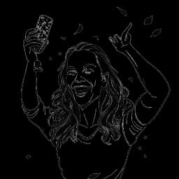 Dibujo lineal de Miriam Bryant sosteniendo el premio a la Canción del Año en sus manos. Tiene una expresión triunfante mientras confeti llena el fondo. La imagen está en blanco y negro sobre un fondo blanco.
