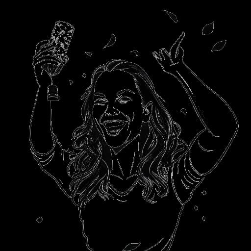 Dibujo lineal de Miriam Bryant sosteniendo el premio a la Canción del Año en sus manos. Tiene una expresión triunfante mientras confeti llena el fondo. La imagen está en blanco y negro sobre un fondo blanco.