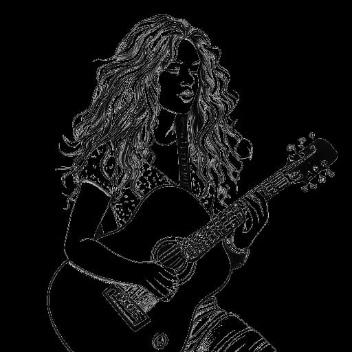 Dibujo lineal de una mujer que representa a Miriam Bryant, con el pelo largo y rizado y una guitarra en sus manos, irradiando pasión y creatividad. La imagen está en blanco y negro sobre un fondo blanco.