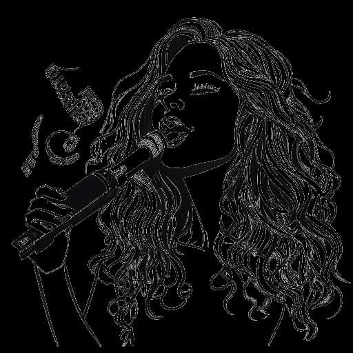 Lijntekening van een vrouw die Miriam Bryant vertegenwoordigt, met lang warrig haar, zelfverzekerd een microfoon vasthoudend. Om haar heen zijn muzieknoten en dollartekens te zien, die haar succes in de muziekindustrie symboliseren.