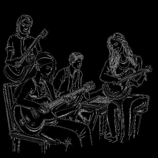 Line drawing of a young woman, representing Miriam Bryant, collaborating with notable musicians, all against a white backdrop.