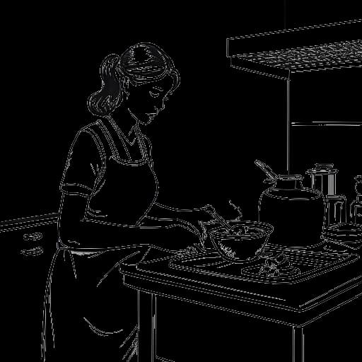 Line drawing of a young woman, representing Miriam Bryant, cooking in the kitchen, all against a white backdrop.